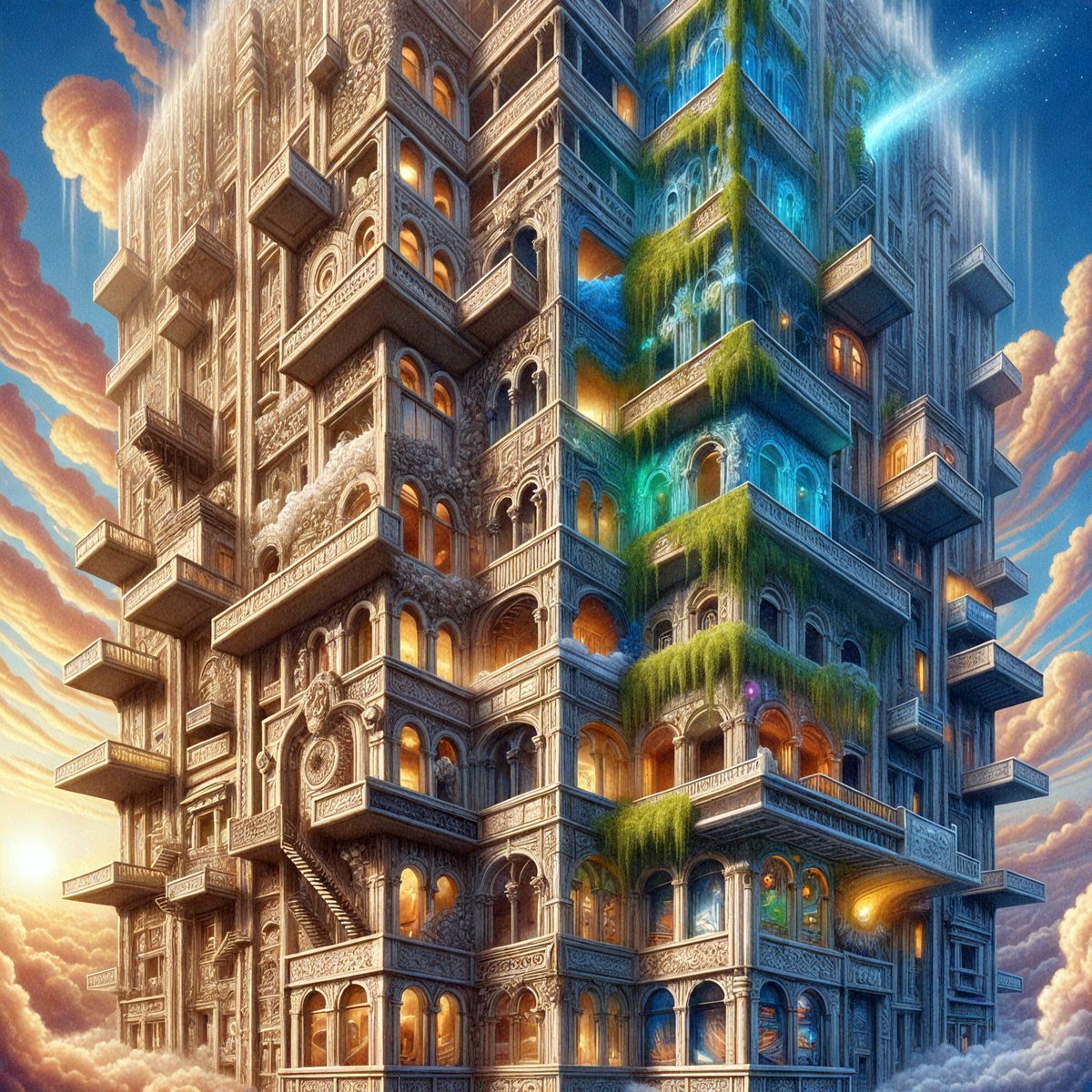 The primary subject of the image is a tall, multi-story building with a unique and intricate design. The building is made of stone and features a variety of windows and balconies. The setting is a cloudy sky, which adds a dramatic backdrop to the scene. The visual style of the image is a digital art or illustration, showcasing the artist's creativity and attention to detail. The colors and mood of the image are predominantly dark and moody, with the cloudy sky and the building's design creating a sense of mystery and grandeur.